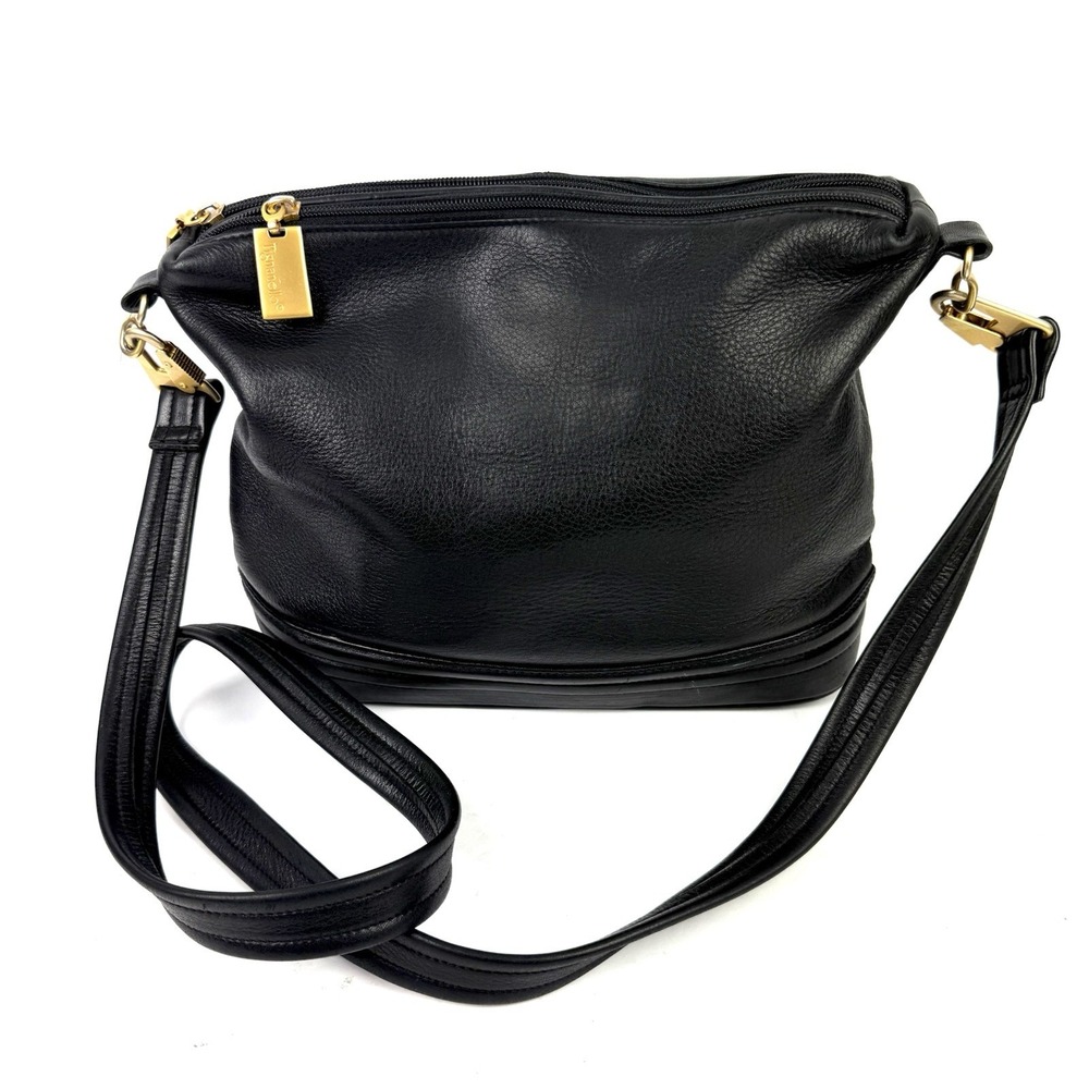 Tignanello Vintage Crossbody Bucket Bag Black Soft Leather Brush Gold Handbag